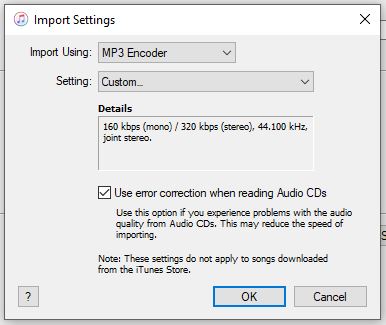 iTunes CD import settings